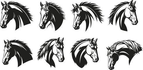 Majestic Horse Head Vector Illustrations Set: Dynamic Stallion Portraits, Galloping Equine Design, Powerful Animal Graphics, Black and White Spirit.