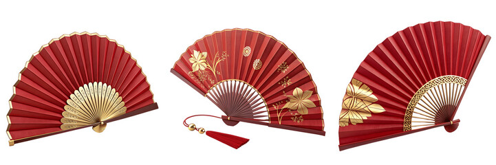 Set For red and gold hand fans isolated on transparent background are traditionally elegant