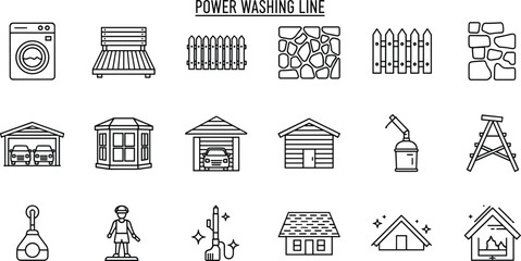 Power washing line icon set. Vector pictograms of washer machine, deck, patio, fence, siding, garage, window, ladder, roof, thin linear