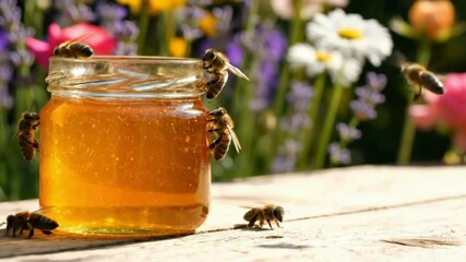 Cinematic shot of honey jar with bees buzzing around, placed in a garden full of blooming flowers, macro focus honey promotional ad video