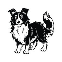 Playful border collie dog silhouette black and white cartoon