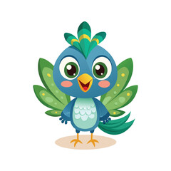 Playful cartoon peacock with bright blue and green feathers bird illustration