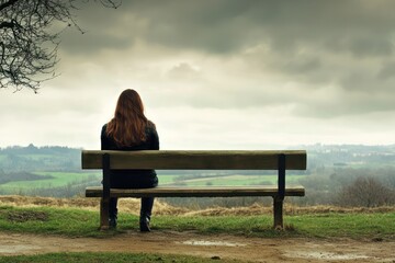Sad Woman Alone on Park Bench Outdoors