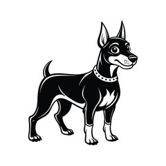 Playful doberman dog character silhouette with collar black white