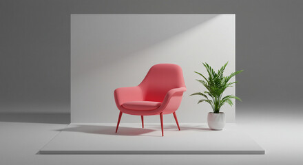 Colorful Relaxing 3D render chair with plant - with ray Monochrome minimal theme. Modern Pink Armchair with Palm Plant in Minimalist Setting.
