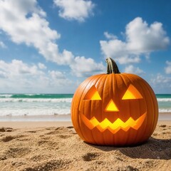 Tropical Halloween. Creepy orange Pumpkin Jack-o'-lantern close up on wavy beach sand. Jack o lantern for Halloween party, Sea green ocean waves, blue sky fluffy clouds, Autumn season. Copy space