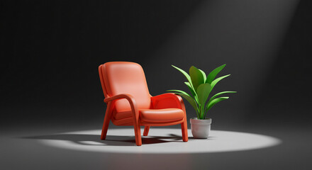 Colorful Relaxing 3D render chair with plant - with ray Monochrome minimal theme. Modern Pink Armchair with Palm Plant in Minimalist Setting.
