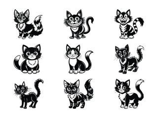 Whimsical black cats with varied expressions and poses feline animal