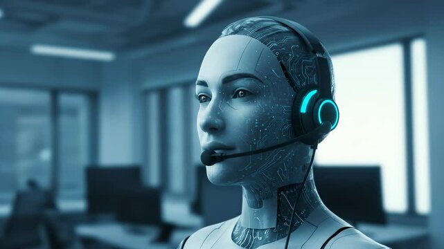 Futuristic AI robot wearing a glowing headset offers advanced customer service and telecommunications support in a modern digital office environment.