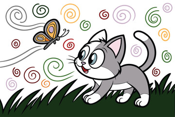 Playful cartoon cat enthusiastically chases a colorful butterfly in a vibrant background setting