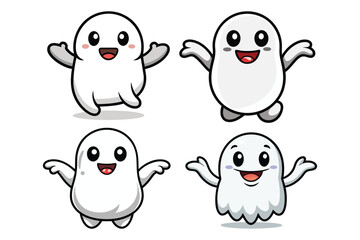  Cute ghost cartoon with waving arms, solid white body, clean vector style eps