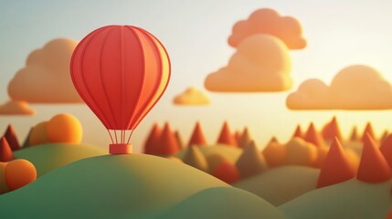 Obraz premium An orange hot air balloon floats in a summer sky over a desert landscape at sunrise
