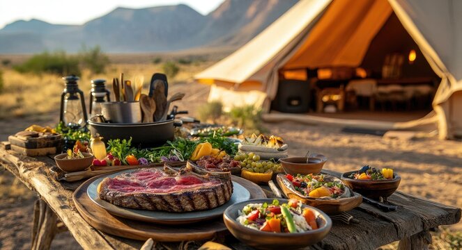 Outdoor dining table laden with grilled meat, salads, and other dishes, near a canvas tent in a desert landscape