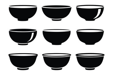 Collection of nine simple black silhouette icons representing various styles of empty ceramic bowls with distinct rim shapes and base designs isolated on white
