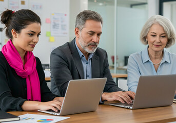 A multigenerational business team collaborates on laptops during a meeting in a modern office, focusing on strategy and analysis