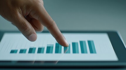 Finger touching digital tablet with bar chart showing data analysis