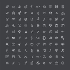 Collection of various outline icons arranged on a dark gray background in a grid pattern isolated on transparent background