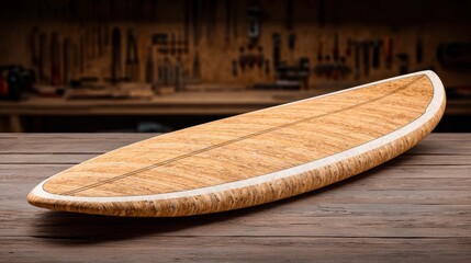 Wooden surfboard on table with workshop tools in background
