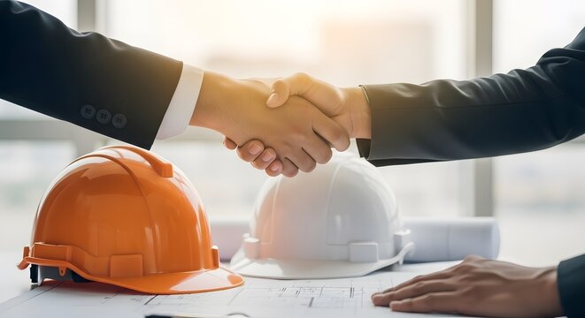 Businessmen shaking hands, signifying a construction project agreement, with hard hats and blueprints.
