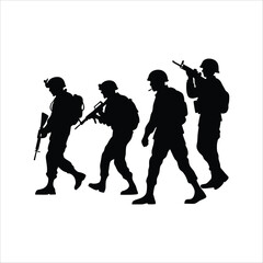 Silhouette of four soldiers in uniform walking with rifles and backpacks