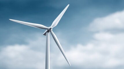 Wind turbine with three blades against cloudy sky