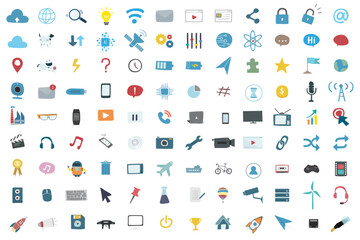 Collection of colorful hand drawn style icons representing various concepts and technologies isolated on transparent background
