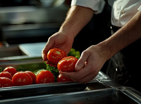 Chef's hands carefully selecting ripe red tomatoes from a metal container in a professional kitchen setting.