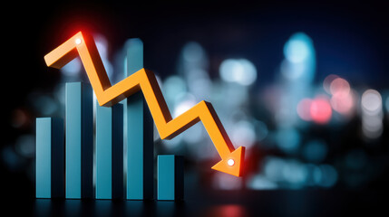 3D graph with downward trend arrow symbolizes financial decline against blurred cityscape background