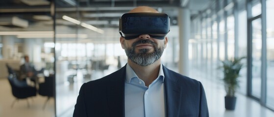 Businessman Wearing VR Headset in Modern Office, Smiling at Camera
