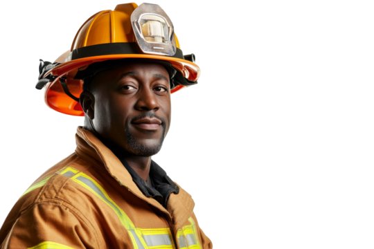 Firefighter portrait in safety gear with helmet, fire suit, and protective clothing isolated on transparent png background