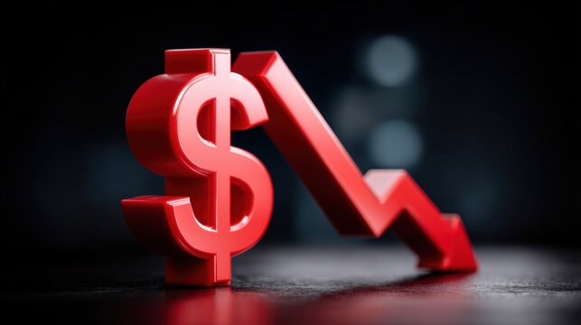 Red dollar sign and downward arrow symbolize financial decline or economic downturn