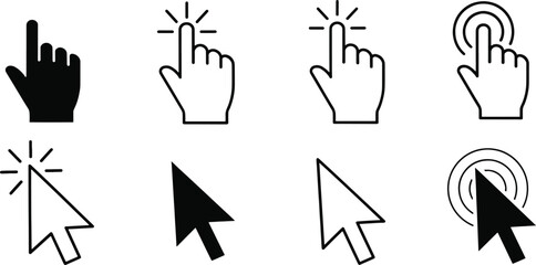 Collection of diverse click and cursor icons representing user interaction and navigation on digital interfaces