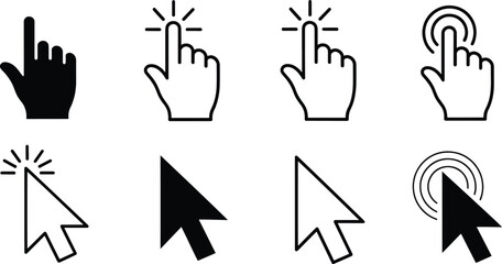 Collection of diverse cursor and hand pointer icons representing digital interaction and selection actions