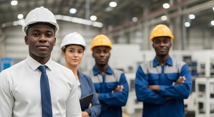 Diverse Team of Construction Workers in a Manufacturing Setting with Safety Helmets and Workwear Uniforms, focused on collaboration and precision