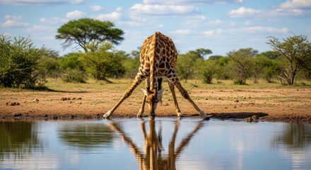 Fototapeta premium Giraffe Drinking Water African Savanna Wildlife Animal Portrait