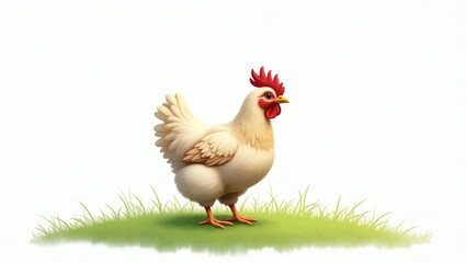 Fototapeta premium Realistic Chicken Standing on Grass with Detailed Feathers and Bright Red Comb – Side Profile on White Background, High-Resolution Farm Animal Illustration Perfect for Educational and Agricultural The