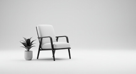 Relaxing 3D render chair with plant - with ray Monochrome minimal theme . Modern Minimalist Armchair with Plant in a Light Gray Studio Setting.
