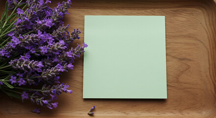 Lavender Bouquet and Mint Green Note on Wooden Tray: A Serene Still Life Photography