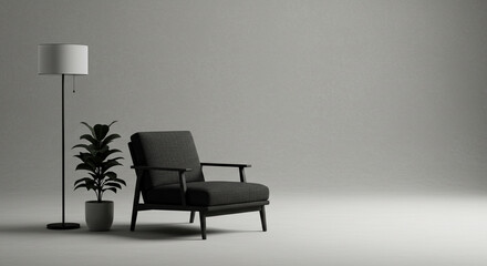 Relaxing 3D render chair with plant - with ray Monochrome minimal theme . Modern Minimalist Armchair with Plant in a Light Gray Studio Setting.
