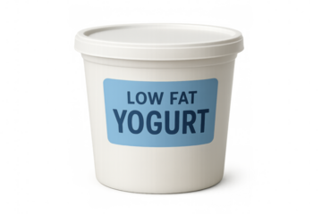 Low fat yogurt in white plastic container with transparent background
