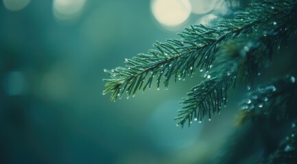 Close-up of a fir branch with dew drops