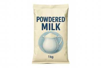 Powdered milk packaging with transparent background representing dairy products