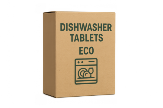 Eco dishwasher tablets packed in cardboard box with transparent background