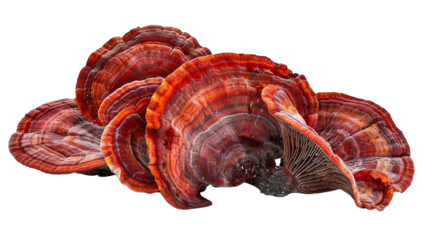 Ganoderma lucidum mushrooms placed on a white background.