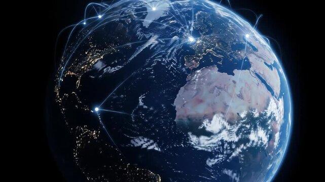 Earth view shows Europe, Africa, with network lines and nodes