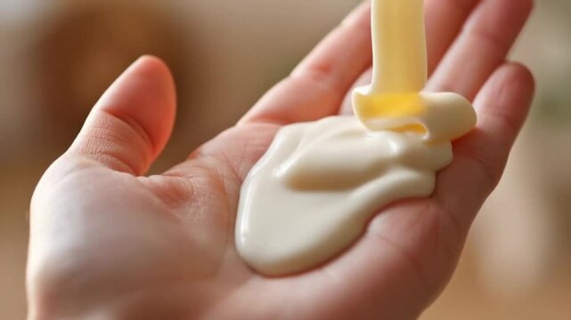 Creamy Indulgence: A hand cradles a smooth, rich stream of cream, the textures harmonizing in a close-up shot that entices the senses. 