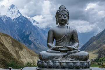 Fototapeta premium Buddha statue with mountains and clouds