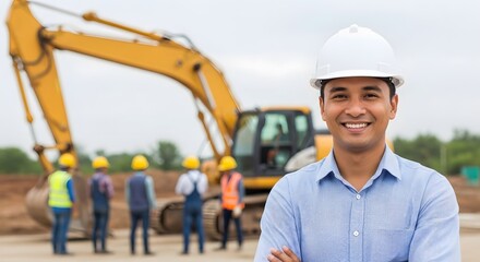Smiling construction worker in hard hat stands in front of construction site with excavator and crew.