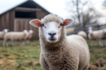 Fototapeta premium Sheep in front of barn on rural farm