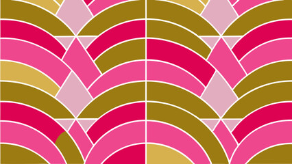 Art deco inspired geometric pattern with repeating arches and triangles in pink and gold